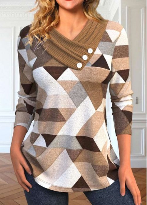 Modlily Light Coffee Asymmetry Geometric Print T Shirt