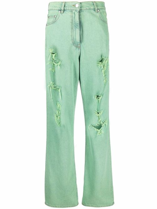 Embroidered-logo distressed-effect jeans - Green