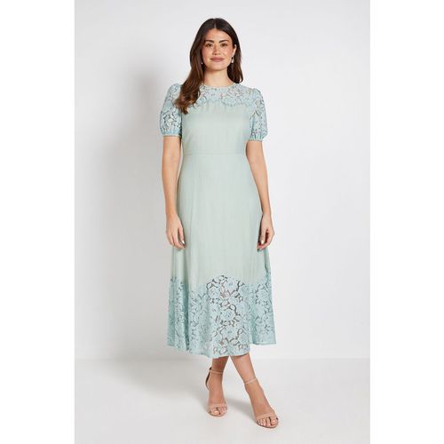 Wallis Womens Lace Puff Sleeve Midi Dress - Green Viscose