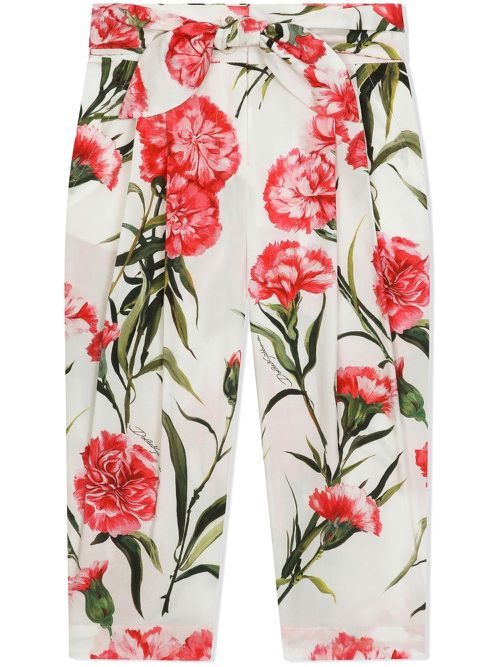 Floral-print belted trousers - White