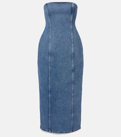 Crochet-trimmed denim midi dress
