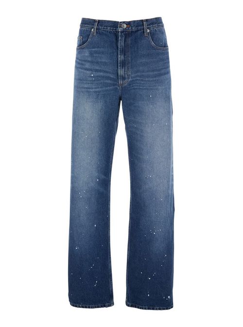 Blue Five-Pocket Jeans With All-Over Paint Effect In Cotton Man