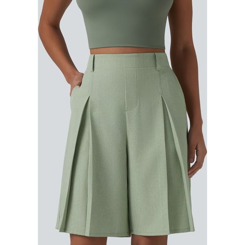 Halara Wrinkle-resistant High Waisted Invisible Zipper Pleated Linen-Feel Casual Bermuda Baggy Shorts with Pockets - Sage Herringbone