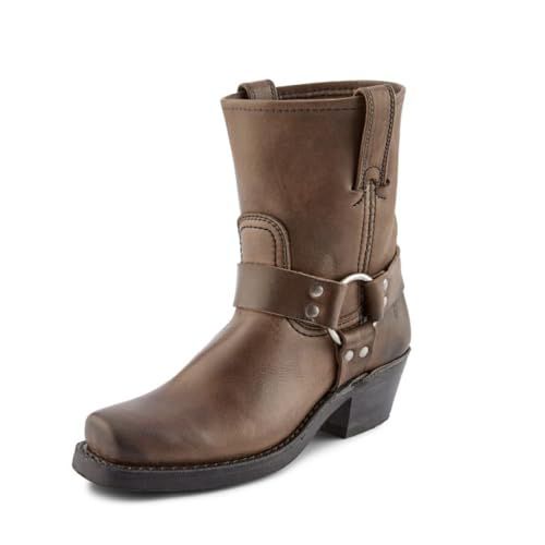 Frye Harness 8R Boots for Women Crafted from Washed and Oiled Italian Leather with Stacked Leather Heel and Rubber Outsole with Welt Construction