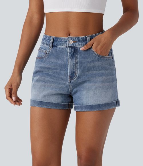 Flex™ Mid Rise Zipper Pockets Denim Casual Shorts 3''  - Cerulean Blue Denim