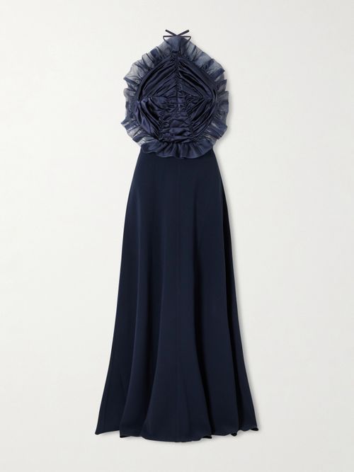 Open-back Ruched Ruffled Organza-trimmed Silk-satin Halterneck Gown - Blue