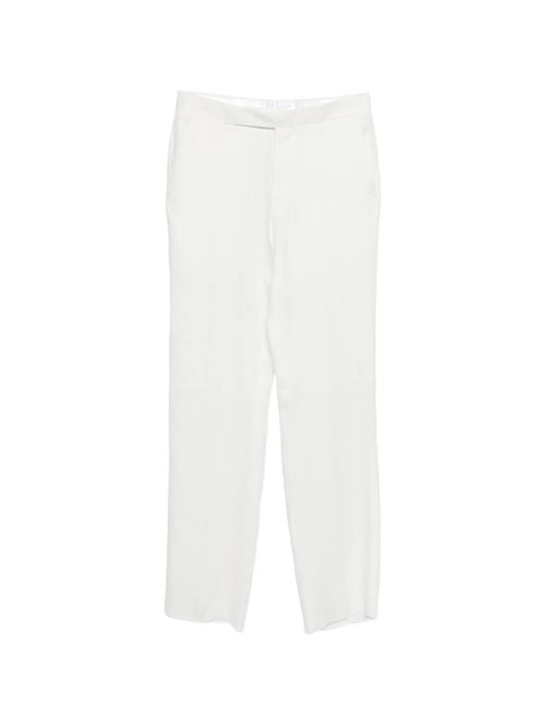 Linen Trousers with Front Hook-and-Zip Closure and Pressed Crease