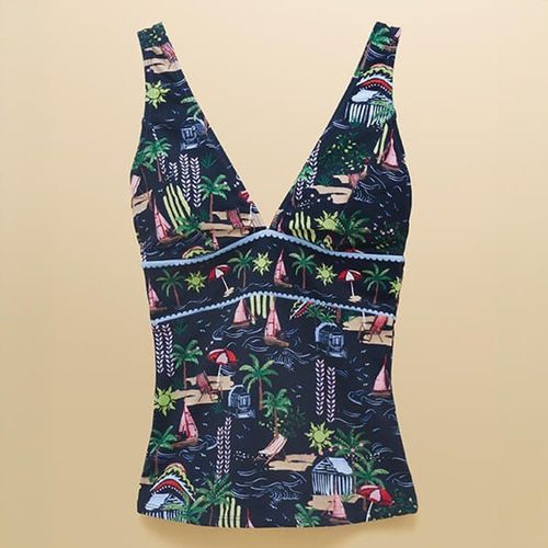 Joules Navy Holiday Icons Panel V-Neck Tankini Top