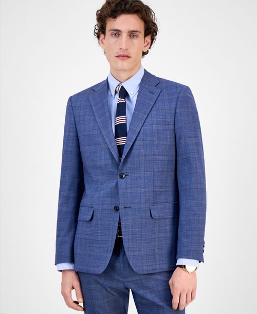 Men's Modern-Fit Wool Th-Flex Stretch Suit Separates Jacket - Blue Rust Plaid