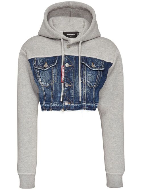 Layered-design cotton hoodie - Blue