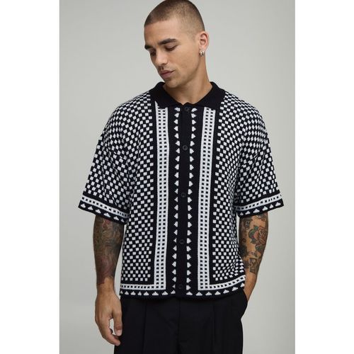 BoohooMAN Mens Boxy Regular Jacquard Border Knitted Shirt - Black Cotton - Sma
