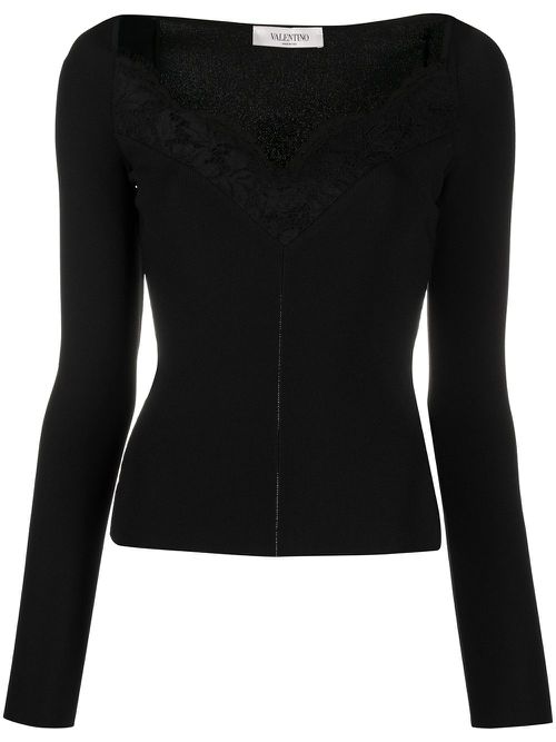 Valentino Garavani lace-trim fitted jumper - Black