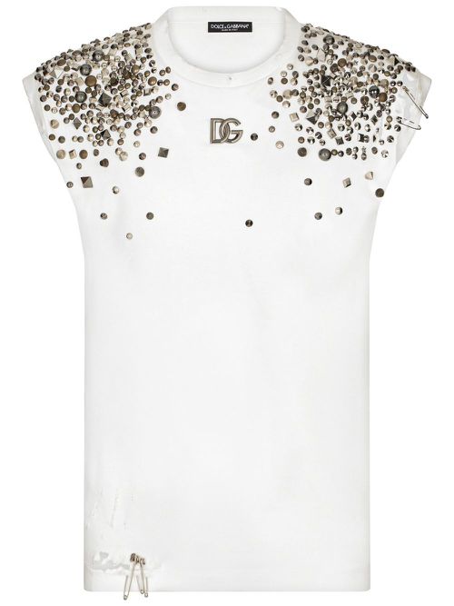 Stud-embellished sleeveless T-shirt - White