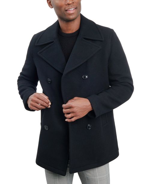 Men Double-Breasted Wool Blend Peacoat - Black
