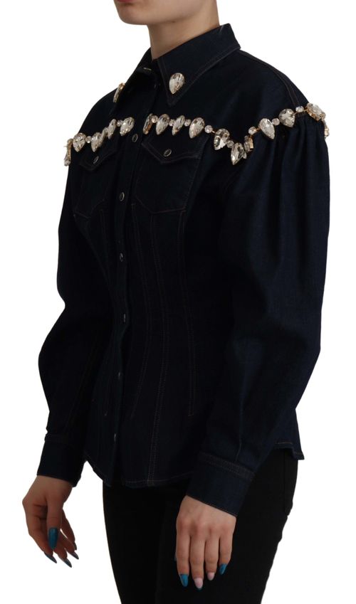Crystal-Embellished Denim Jacket — Navy
