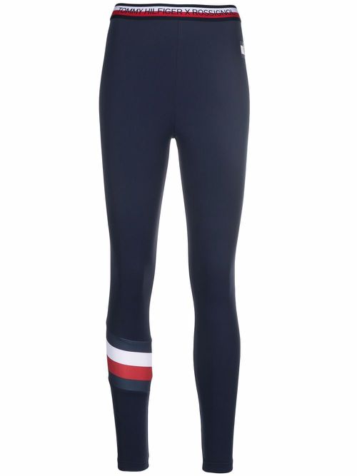 Logo-waist striped-detail leggings - Blue