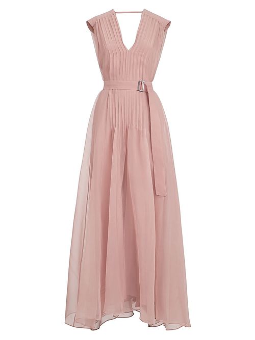 Women's Crispy Silk Belted Dress with Pleated Detail - Pink