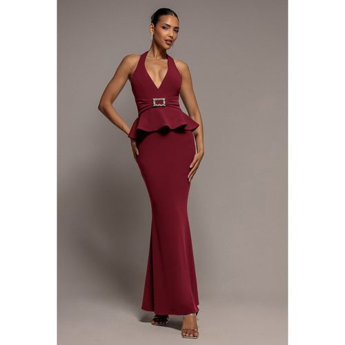 Goddiva Peplum Halter Neck Maxi Dress With Diamante Buckle - Wine
