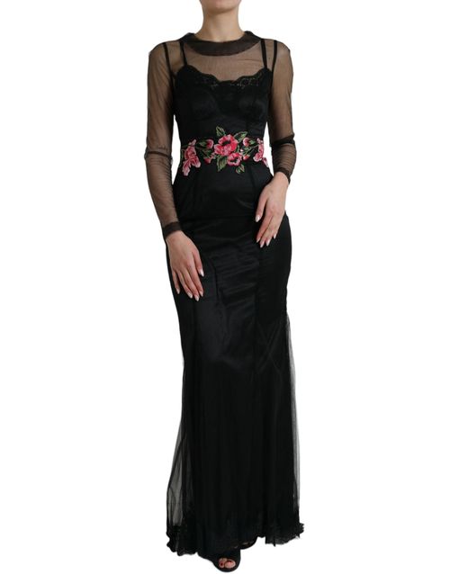 Floral Embroidery Mesh Tulle Dress — Black