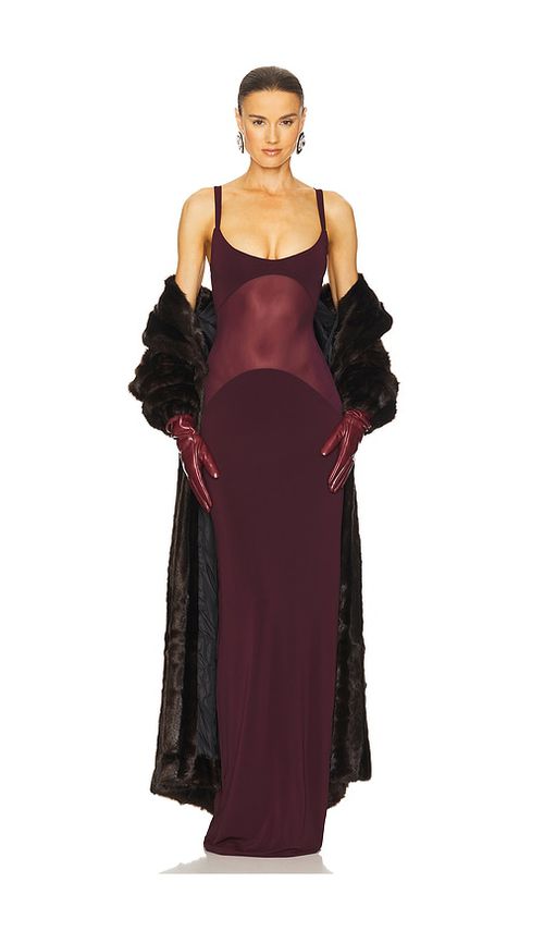 Helsa Sheer Knit Curve Maxi Dress in Wine. XL. Also in