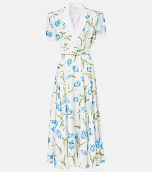 Belted floral silk twill midi dress