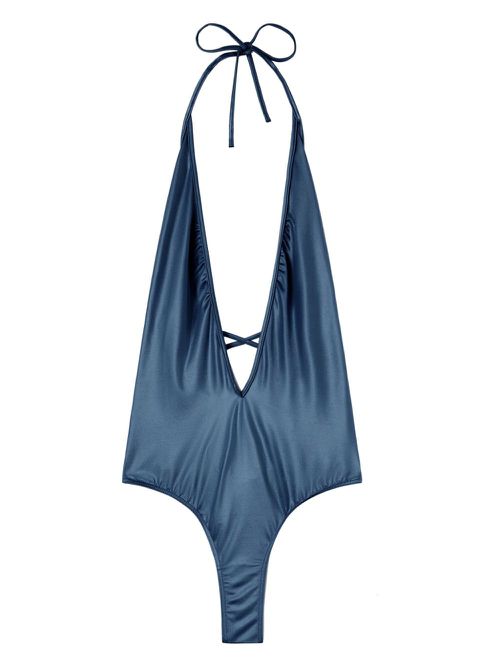 Metallic-effect V-neck swimsuit - Blue