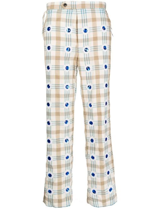 Embellished checked straight-leg trousers - White