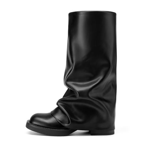 Athlefit Slouchy Mid Calf Boots for Women Black Fold Over Platform Square Toe Dress Pull On Wide Calf Boots for Party Concerts