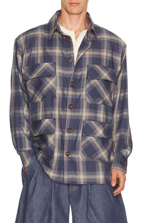 Art Community Plaid Flannel Shirt in Navy Ombre - Navy. M also in L, S, XL/1X