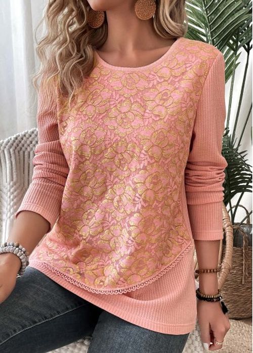 Modlily Dusty Pink Layered Long Sleeve Round Neck T Shirt
