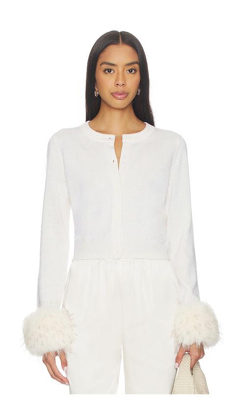 Alice + Olivia Dollie Faux Fur Cuff Cardigan in White. L. Also in M, S