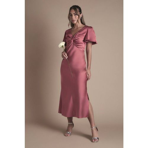 Oasis Satin Twist Front Angel Sleeve Midi Bridesmaid Dress In Terracotta