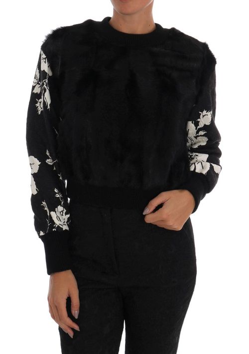 Floral Brocade Goat Fur Sweater — Black