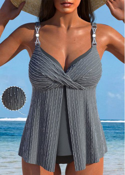 Modlily Criss Cross Jacquard Grey Tankini Set