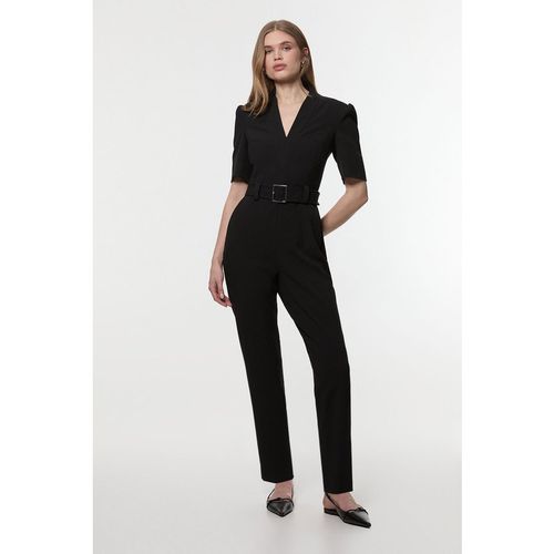 Karen Millen Womens Structured Crepe Forever Belted Jumpsuit - Black