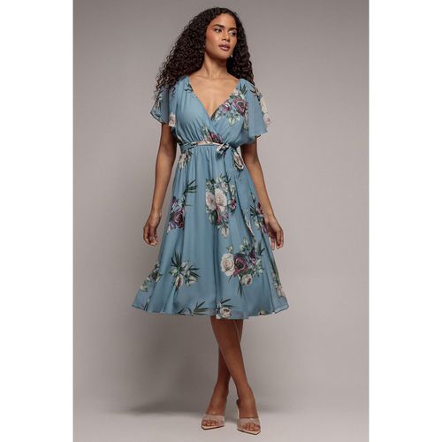 Goddiva Floral Printed Flutter Sleeve Chiffon Midi Dress - Airforce Blue