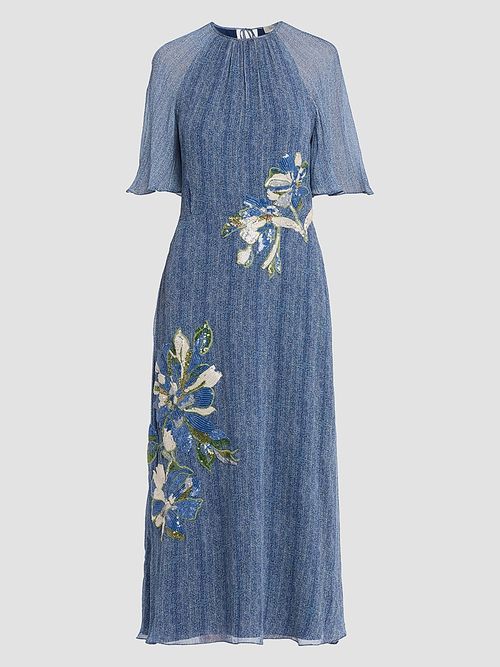 Women's Sequined Floral Silk Chiffon Midi Dress - Blue Multi