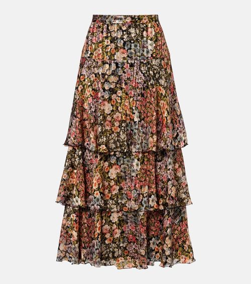 Floral plissé tiered silk maxi skirt