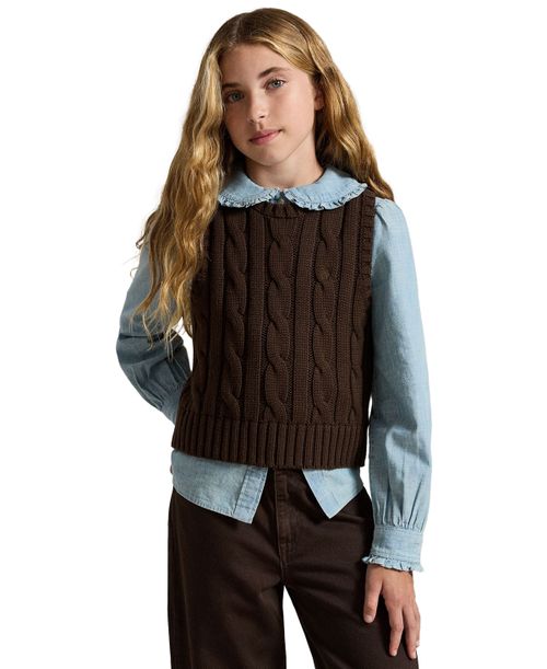 Girls' 7-16 Cable-Knit Cotton Sweater Vest - Nutmeg Brown
