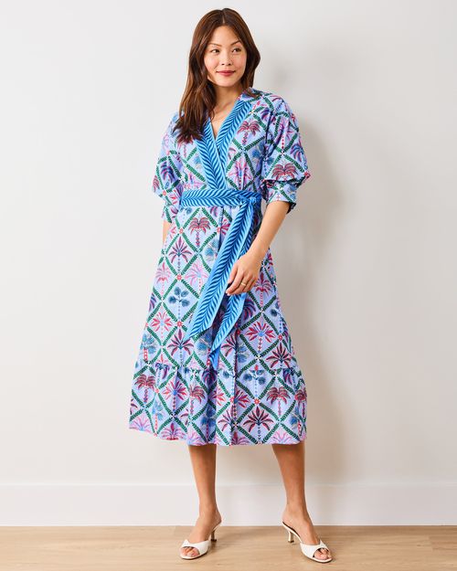 Organic Cotton Half-Sleeve Midi Wrap Dress in Palm Tree Paradise | Women's XS | Blue