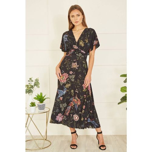 Yumi Women's Black Viscose Bird & Floral Print Kimono Midi Dre