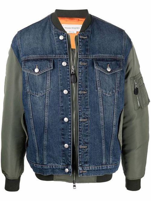 Denim panelled bomber jacket - Blue