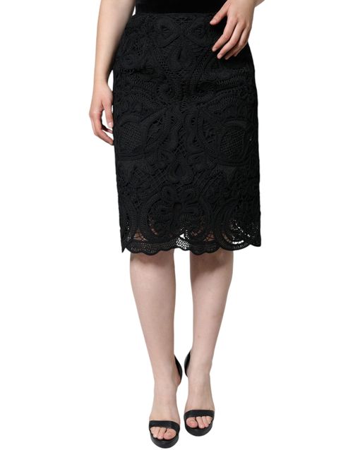Floral Lace High-Waist Pencil Skirt — Black