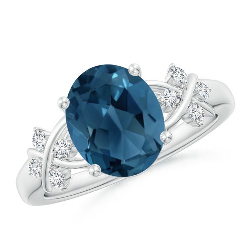 Angara 3.25 Carats Oval London Blue Topaz Criss Cross Ring with Diamonds in Platinum