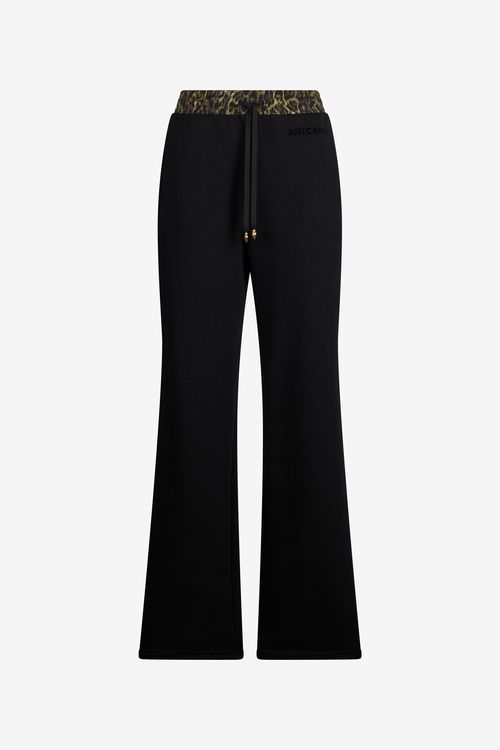 Black Flared Trousers With Leopard Print Waistband