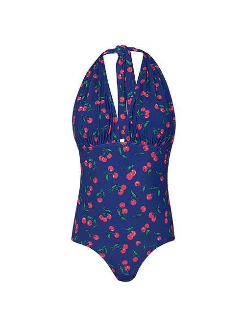 Women's Cherry Print Halterneck One-Piece Swimsuit - Navy Red Green