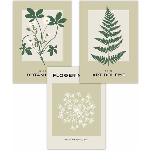 Set of 3 Vintage Graphical Green Botanical Art Posters