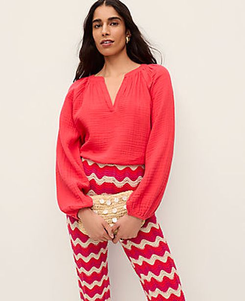Ann Taylor Cotton Gauze Split Neck Blouse
