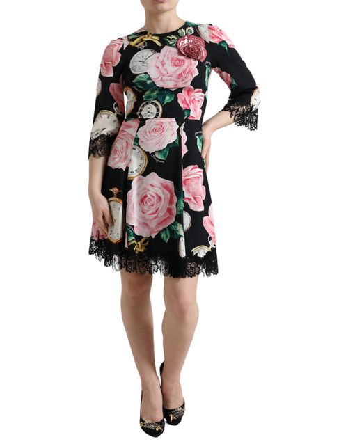 Floral Embellished Silk Dress — Black