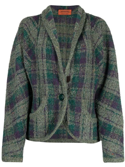 1980s balloon sleeves plaid jacket - Green